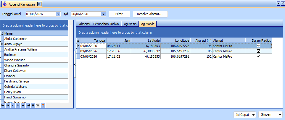 Tab Log Mobile di form Absensi