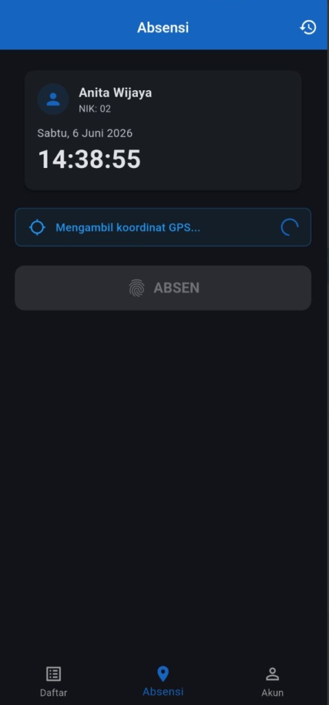 Layar absen Feat Mobile — tombol ABSEN dan konfirmasi lokasi
