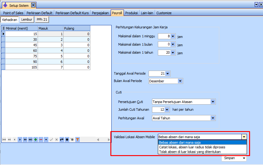 Setup Sistem tab Absensi — kolom Mobile Absen Lokasi