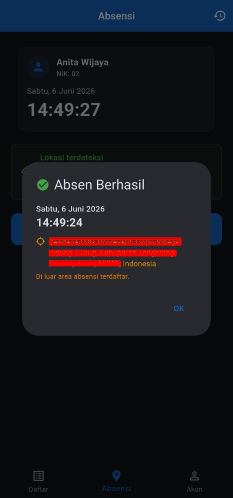Dialog konfirmasi absen — warna hijau dalam radius