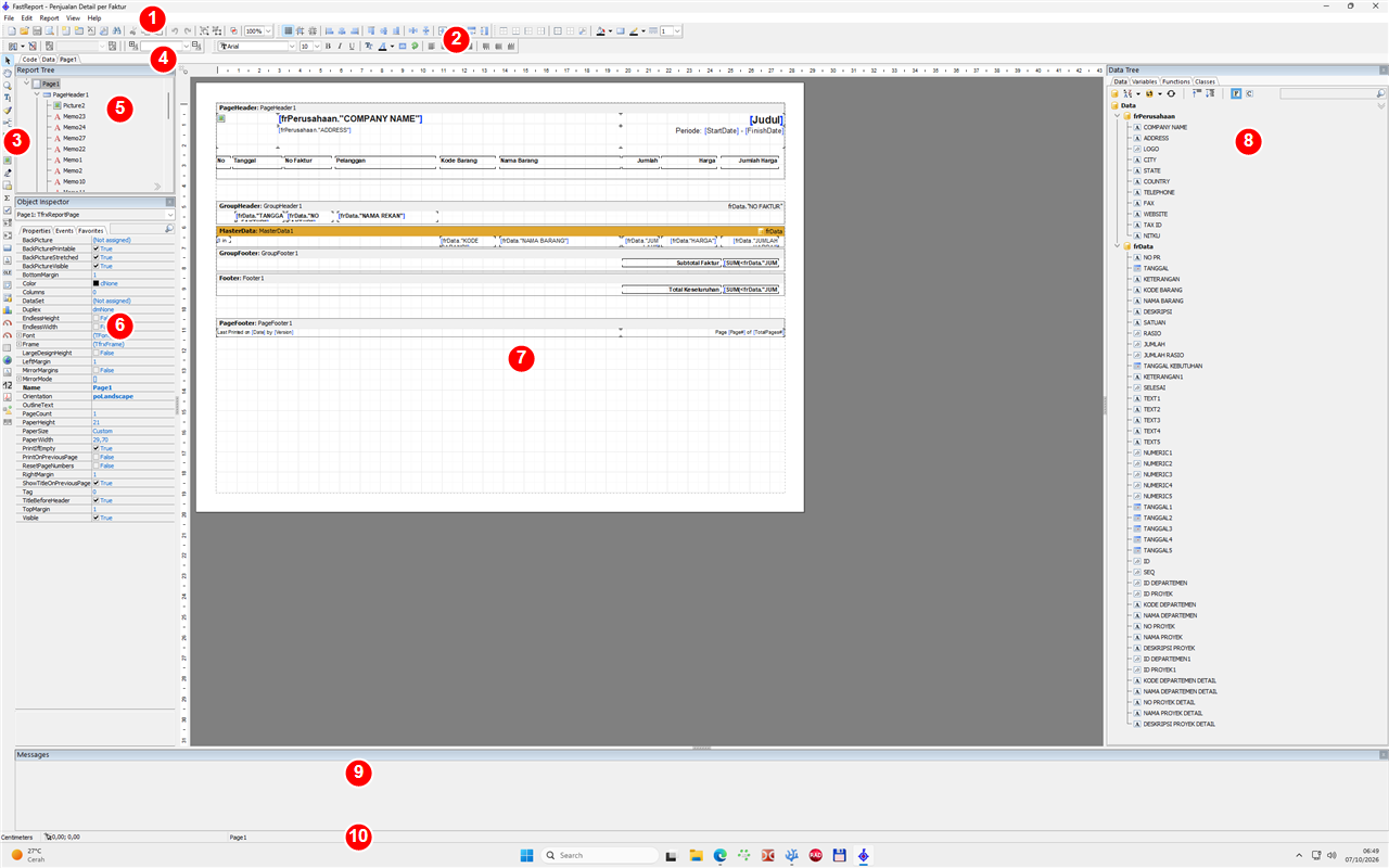 Layar designer FastReport di Feat dengan nomor bagian