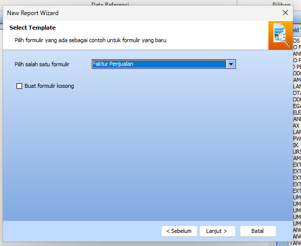 Wizard New Report memilih template contoh formulir Feat