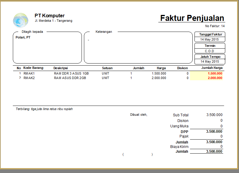 Hasil cetak faktur penjualan dengan kolom Satuan dan highlight Jumlah Harga