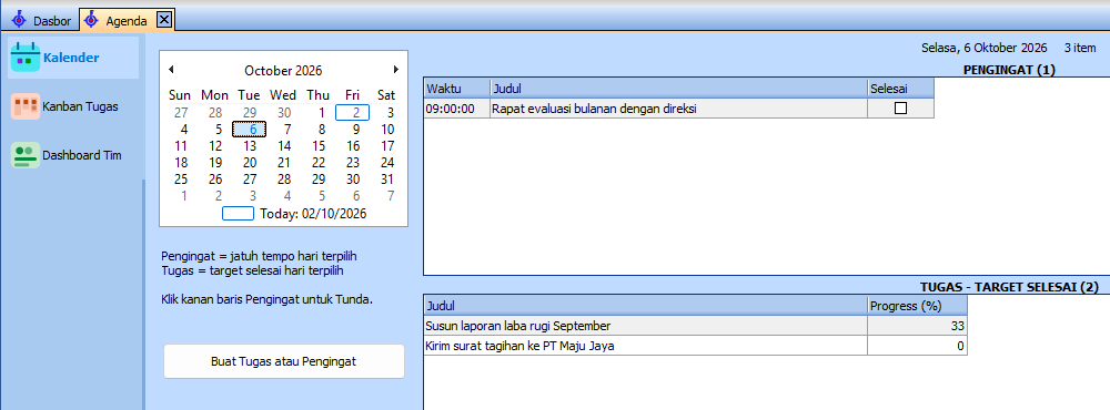 Tampilan Kalender pada modul Agenda Feat