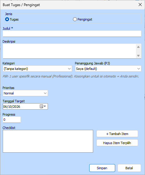 Formulir Buat Tugas kosong pada modul Agenda Feat