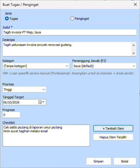 Formulir Buat Tugas yang sudah terisi pada modul Agenda Feat