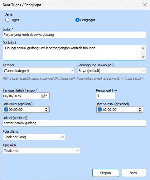 Formulir Buat Pengingat pada modul Agenda Feat