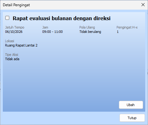 Detail Pengingat pada modul Agenda Feat