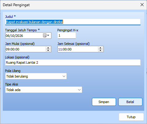 Mode ubah pengingat pada modul Agenda Feat