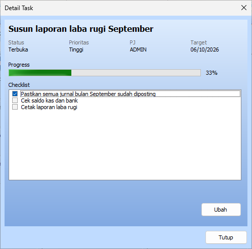 Detail Task pada modul Agenda Feat