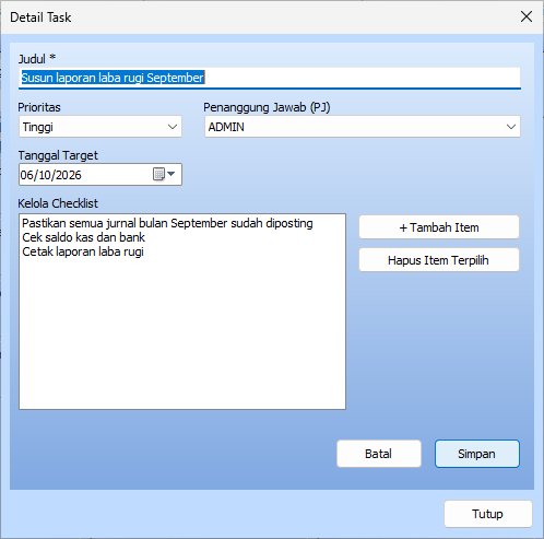 Mode ubah tugas pada modul Agenda Feat