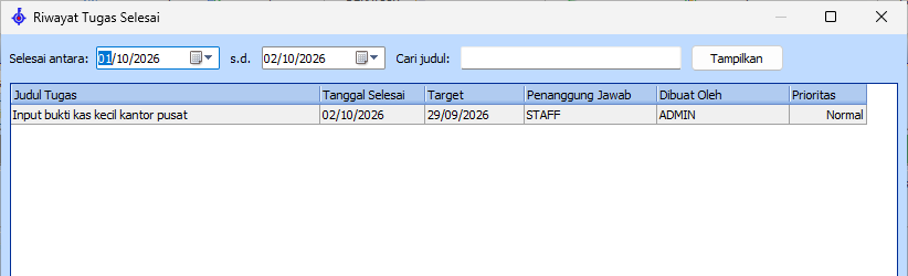 Riwayat tugas selesai pada modul Agenda Feat