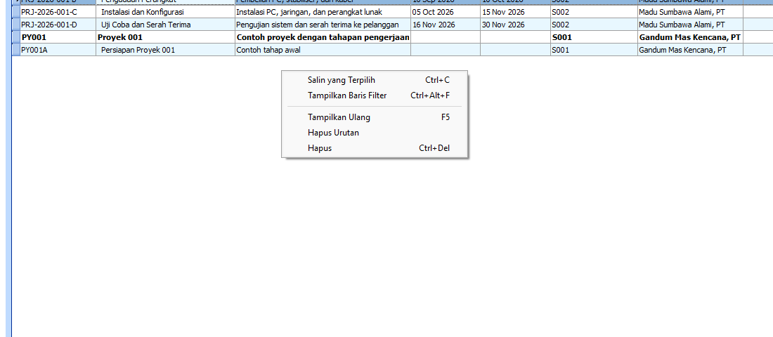Menu klik kanan pada Daftar Proyek