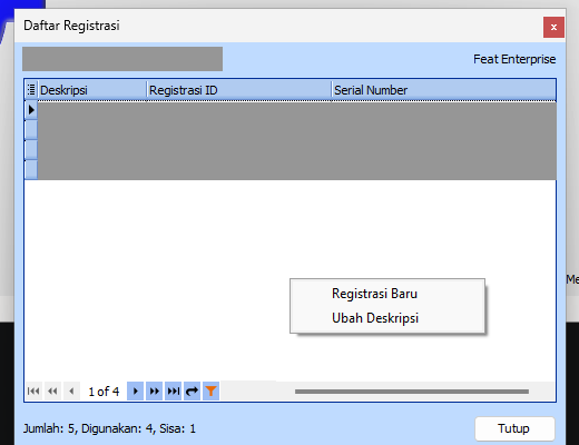 Menu klik kanan Registrasi Baru tanpa database