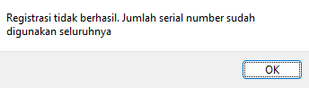 Pesan registrasi gagal karena sisa lisensi 0