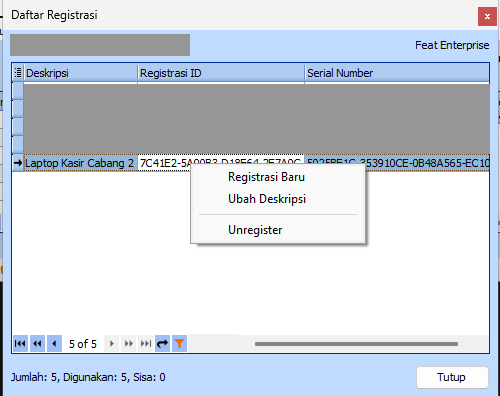Menu klik kanan Unregister pada Daftar Registrasi