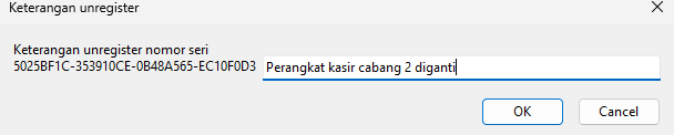 Isian keterangan unregister pada Feat