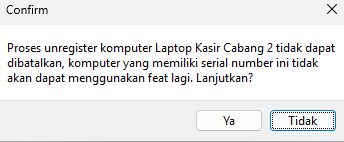 Dialog konfirmasi unregister serial number
