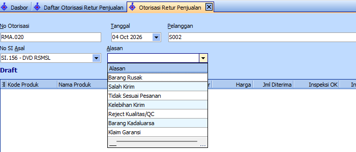 Memilih alasan retur pada Otorisasi Retur Penjualan