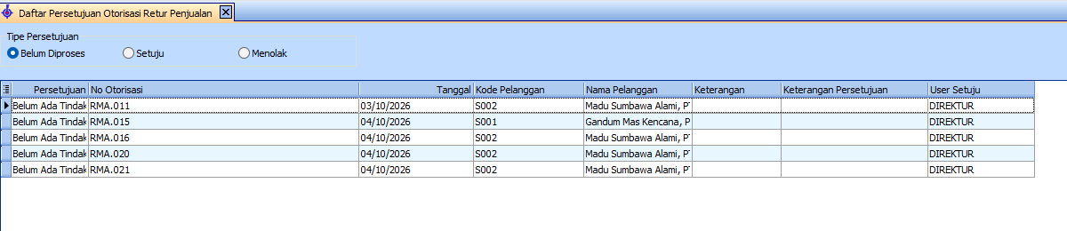Daftar otorisasi retur yang menunggu persetujuan