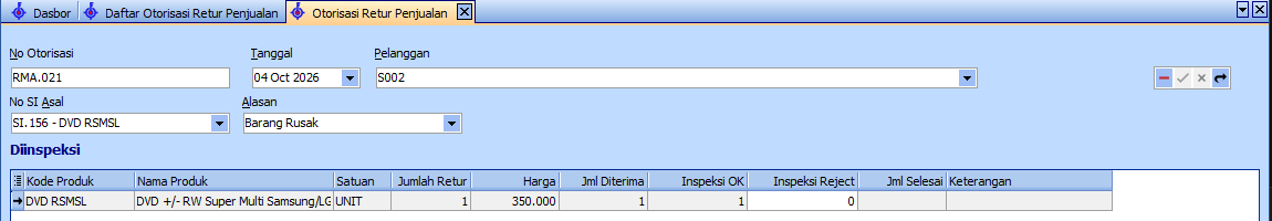 Status Diinspeksi pada Otorisasi Retur