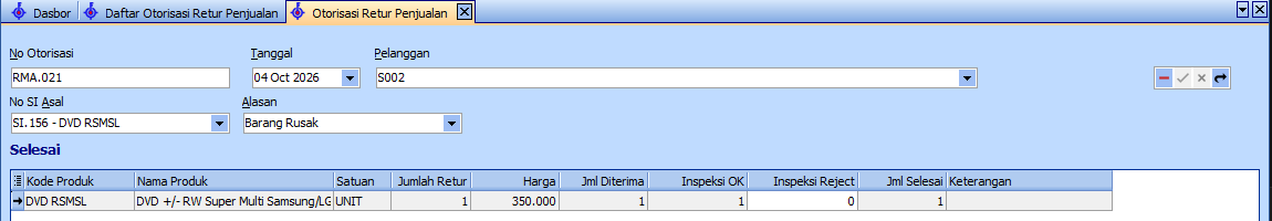 Status Selesai pada Otorisasi Retur