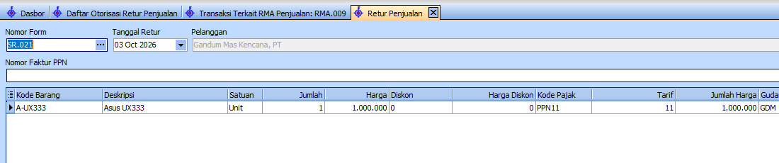 Retur Penjualan SR.021 yang dibuka dari Transaksi Terkait